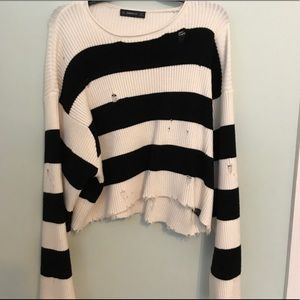 Black and White Distressed Cropped Sweater